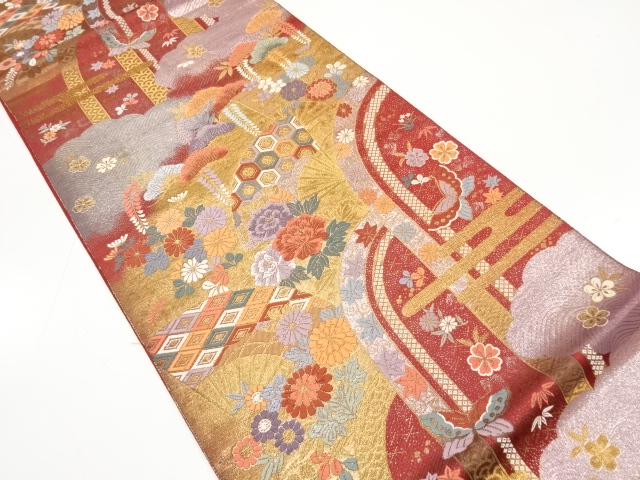 アンティーク　扇に松藤・菊・蝶模様織り出し袋帯（材料）